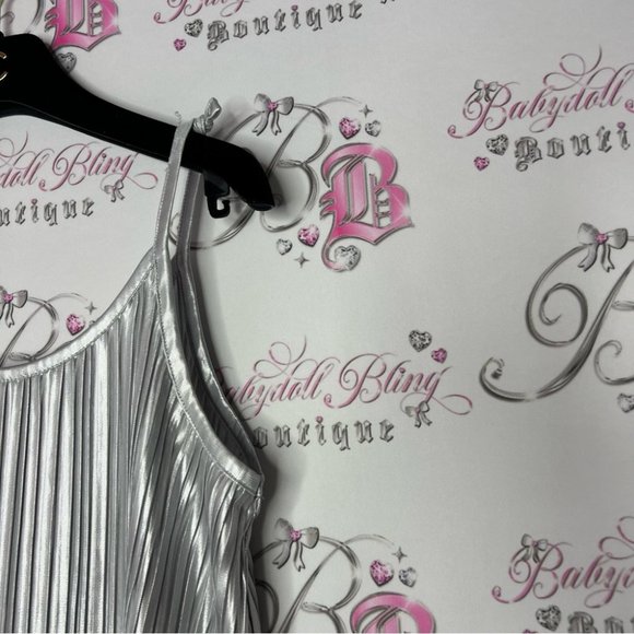 H&M pleated tank top ribbon tie straps silver shiny metallic disco πͺ© style - Picture 8 of 10